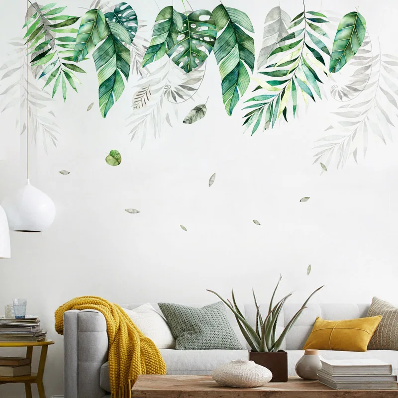 

Hot Nordic Ins Tropical Vegetation Large Leaf Wall Stickers Sofa TV Living Room Backview 3D Art Mural