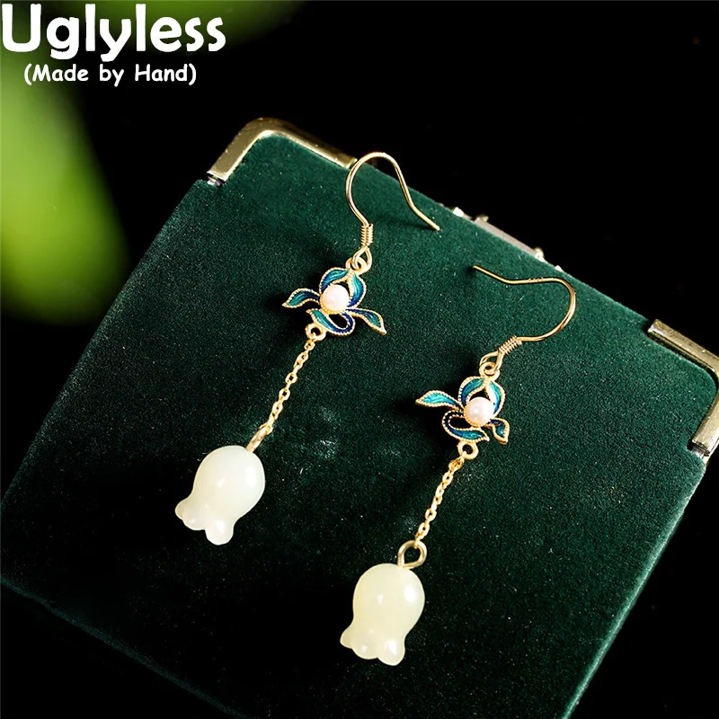 

Uglyless Lily of the Valley Flowers Earrings Women Natural Jade Dangle Earrings Enamel Vintage 925 Silver Jewelry Pearls Brincos