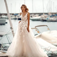 beach sexy wedding dresses v neck spaghetti strap 3d floral lace appliques backless boho princess elegant bridal gowns customize
