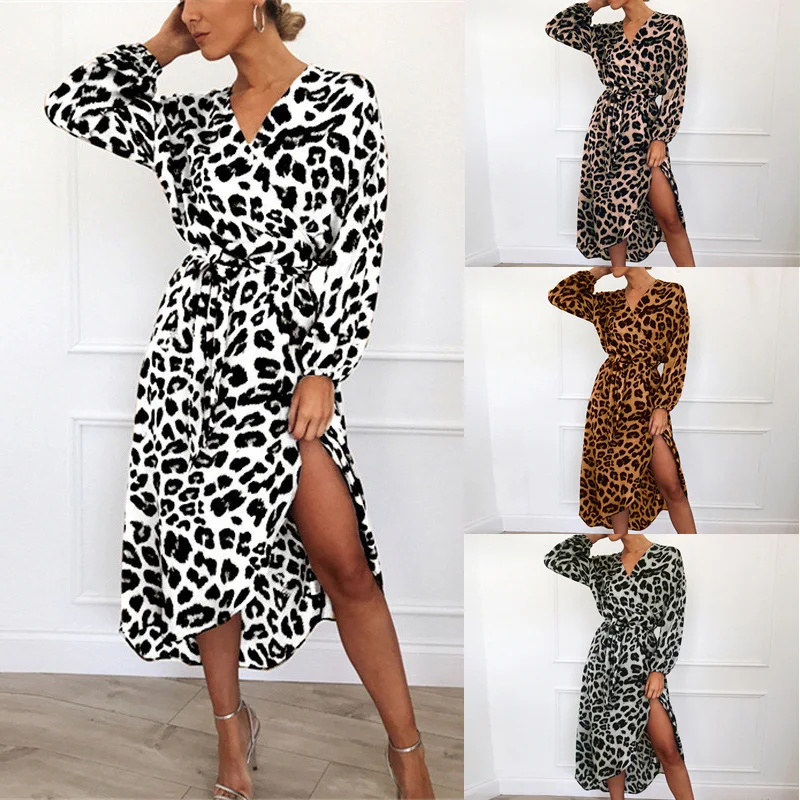 

Women Chiffon Dress Leopard Printed Beach Maxi Dress Loose Long Sleeve Deep V-Neck A-Line Sexy High Waist Lace-Up Party Dress