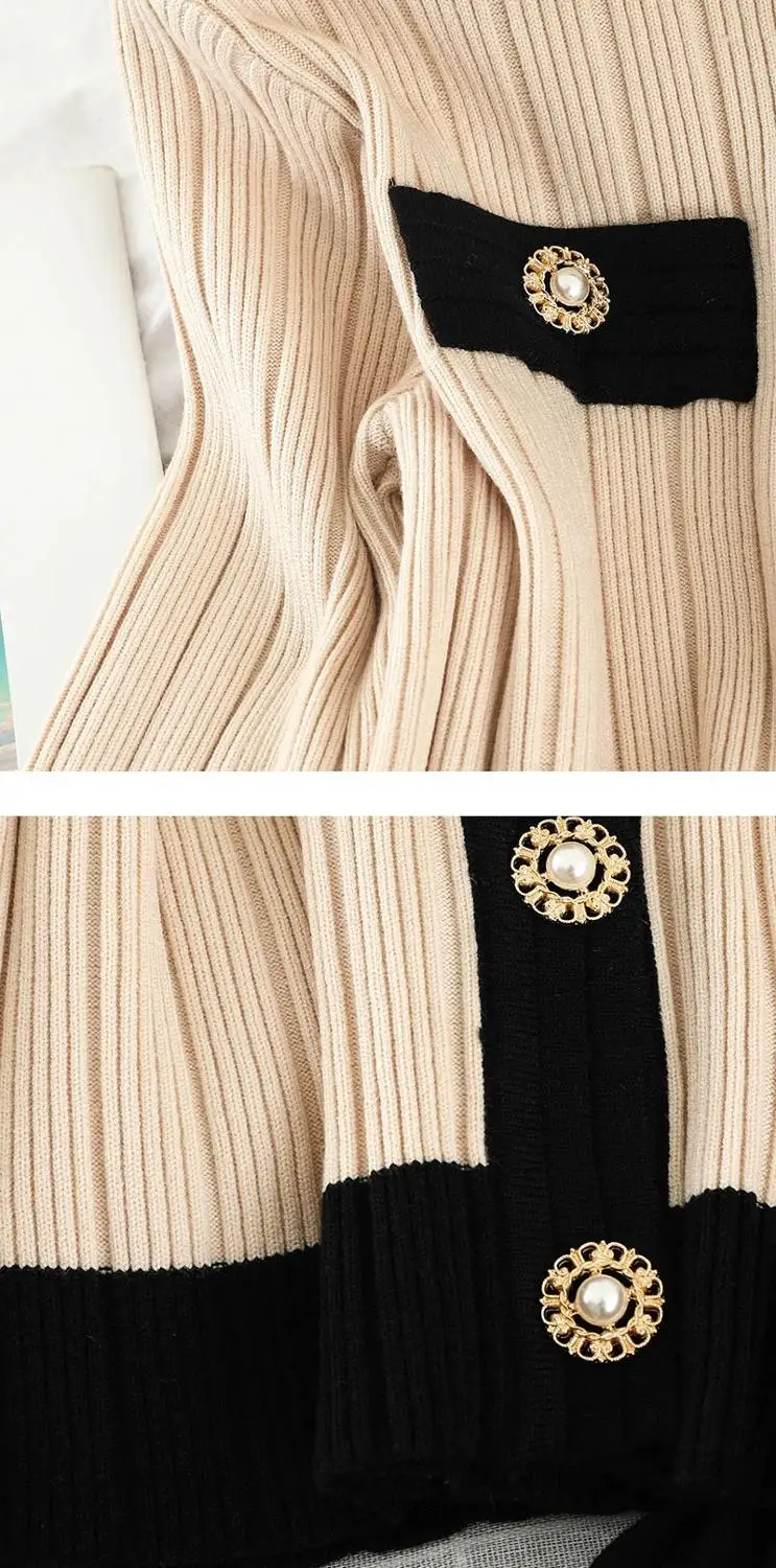 

CBAFU Two Piece Set Women Tracksuit Outfits Pearls Buttons Knitted Sweater Cardigan + High Waist Pleated Skirts Set Office F511