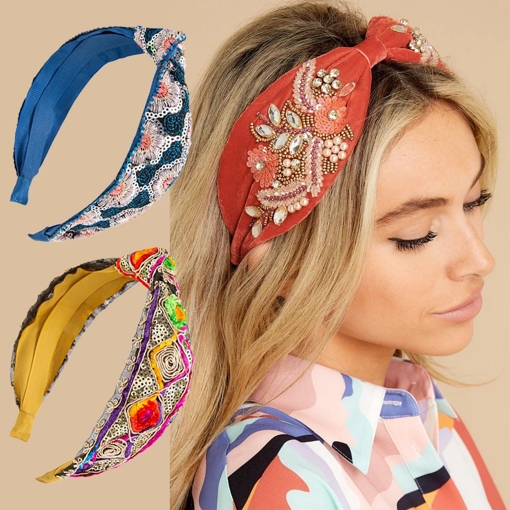 

Sequin Embroidery Headbands For Women Girls Handmade Ethnic Wide Hair Bands Top Knot Crown Hair Hoop Hair Accessories for Party