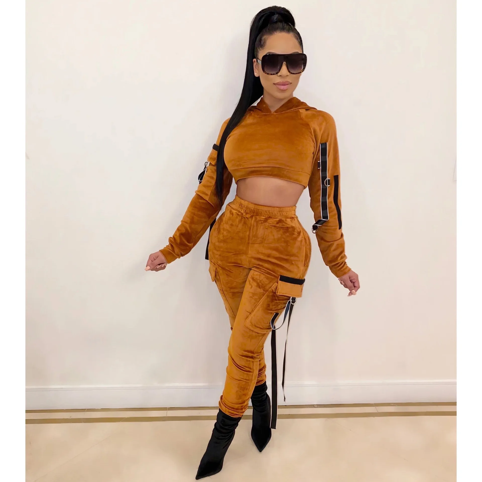 Женский бархатный комплект из двух предметов укороченный топ с длинными