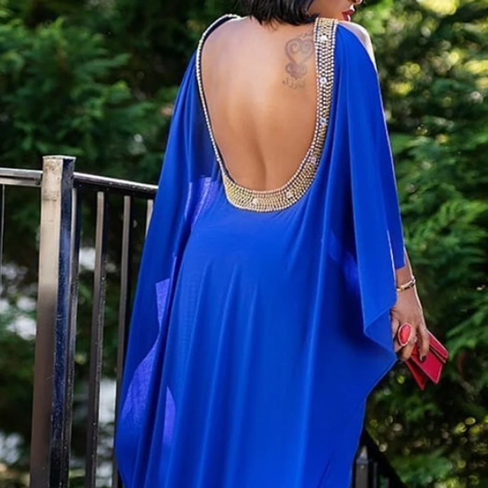2020 Women Blue African Summer Backless O neck Sleeveless Beading Evening party Dresses Sexy Elegant Prom | Свадьбы и торжества