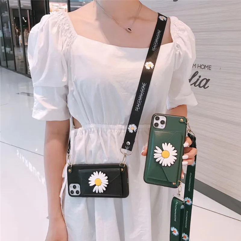 Luxury TUP+PC Daisy Phone Case For 11 6 6s 7 8 Plus 11Pro XS Max XR WIith Card Slot Strap Holder Protective Fashion Cover | Мобильные