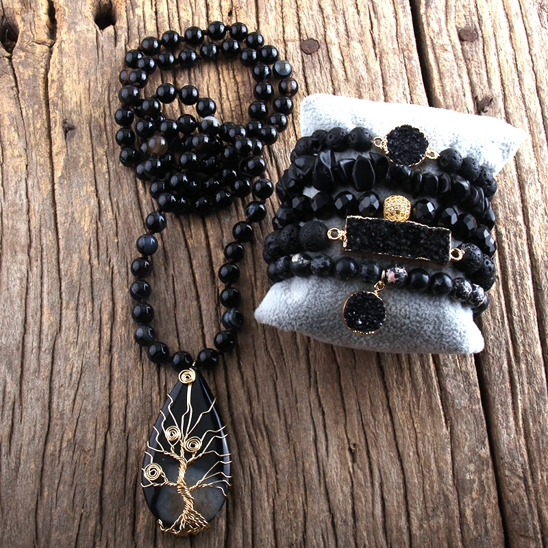 

RH Fashion Jewelry Set Semi Precious Beaded Onyx Stone Knotted Natural Stones Pendant Necklace and Bracelet set For Women Gift