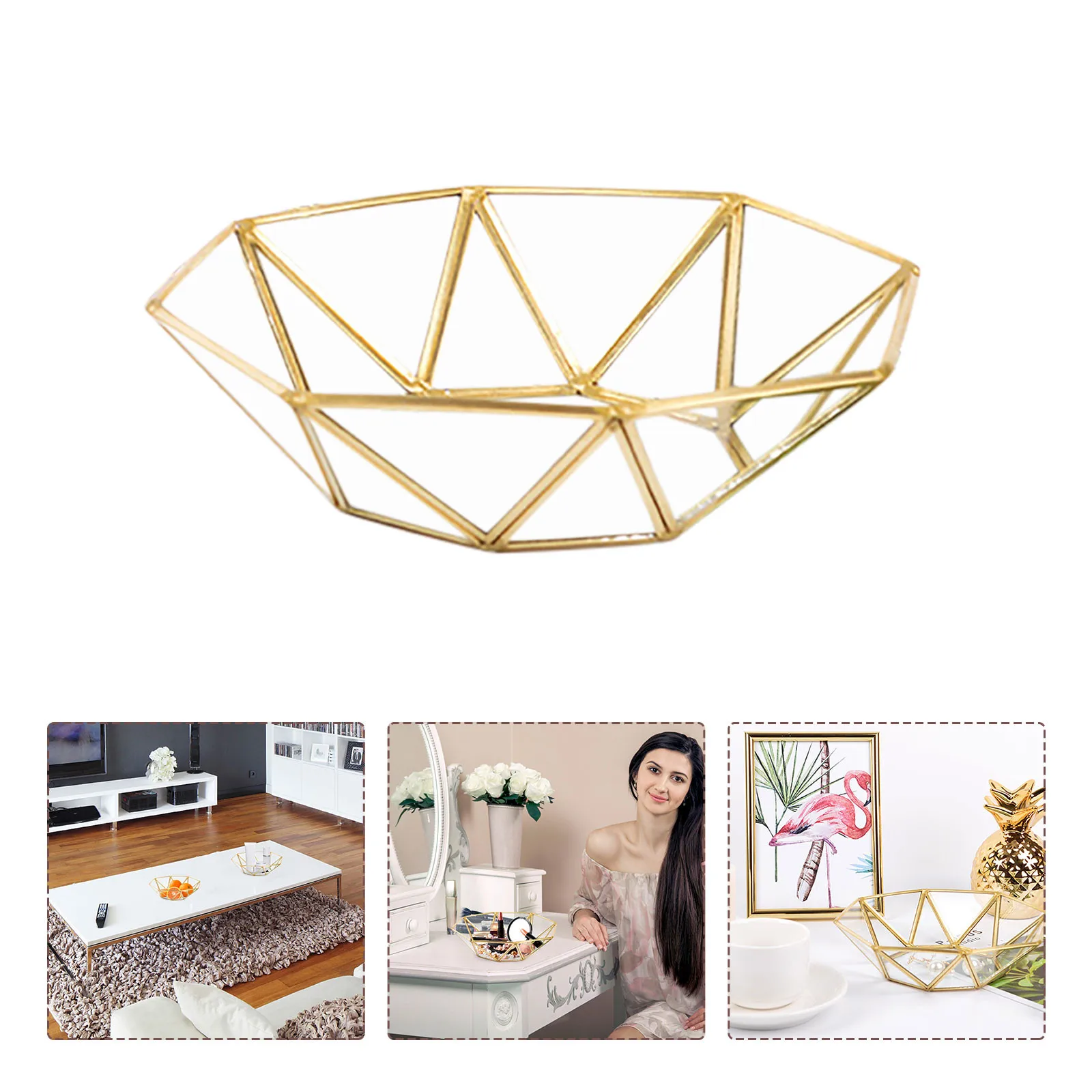 

Brass Storage Tray Golden Polygonal Glass Snack Tray Makeup Jewelry Tray Home Kitchen Decoration Household Storage Basin