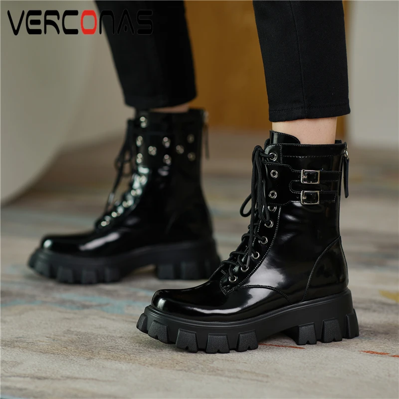 

VERCONAS 2021 Autumn Winter Casual Ankle Boots For Women Buckle Platforms Shoes Woman Fashion Genuine Leather Back Zipper Boots