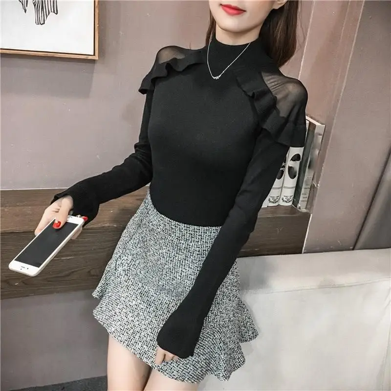 2019 Women Casual Solid Mesh Sweater Elasticity Long Sleeve Ruffles Slim Turtleneck Knitted Pullovers Jumper | Женская одежда