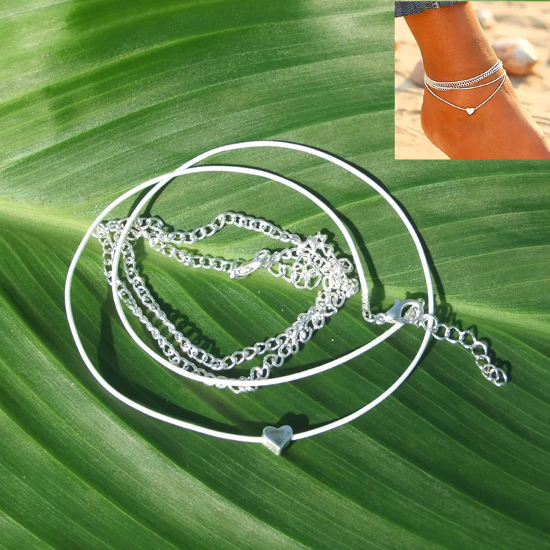 

Summer Simple Love Heart Anklet Bracelet For Women Silver Multi-Layer Foot Chain Leg Ankle Beach Jewelry Barefoot Accessories