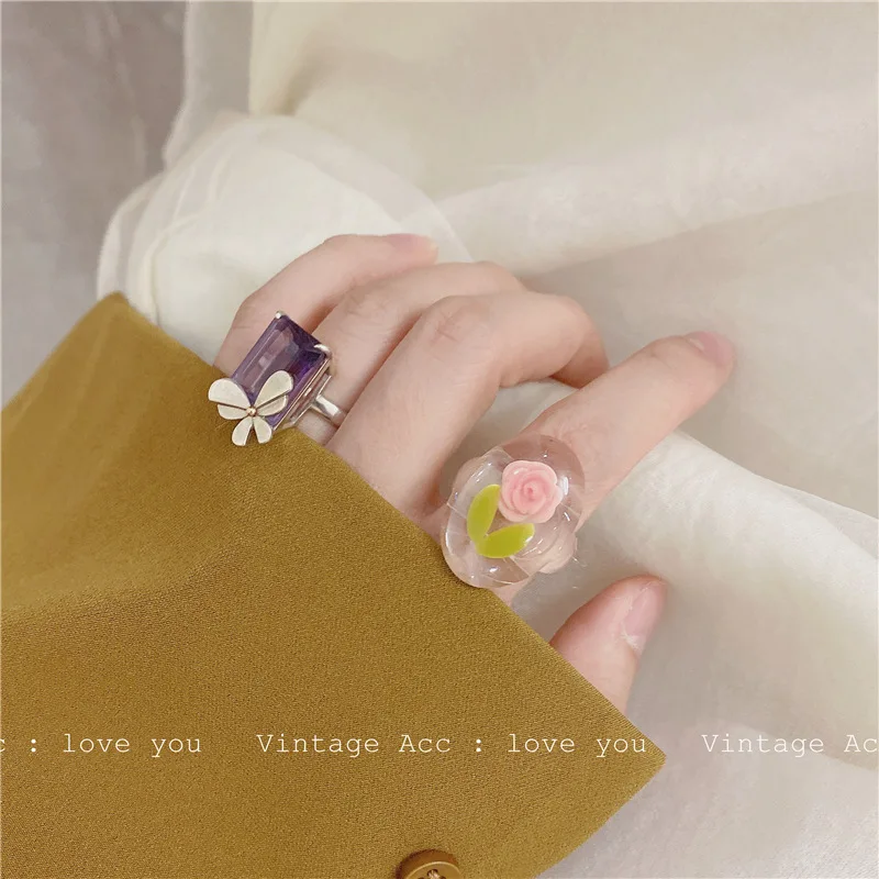 

Glue Dropping Transparent Resin Rings For Women Rose Ring Vintage Aesthetic Pink Flower Chunky Oval Acrylic Floral Jewelry Gifts