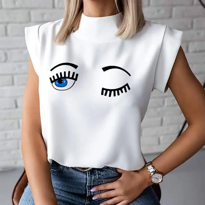 

2021 Mode Vrouwen Elegante Blue Eye Print Tops Blouse Shirts Zomer Dames Office Casual Stand Hals Truien Eye Blusa Tops