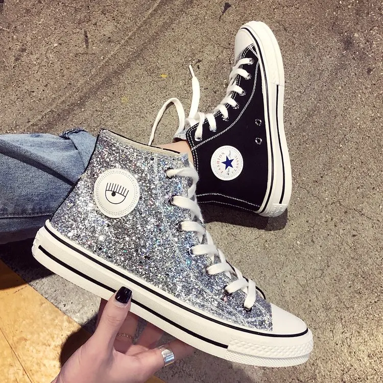 Женские Модные холщовые шнурки на шнуровке; Zapatillas; прогулочные женские туфли на плоской подошве; повседневные туфли с блестками; C125 - Цвет: black high style