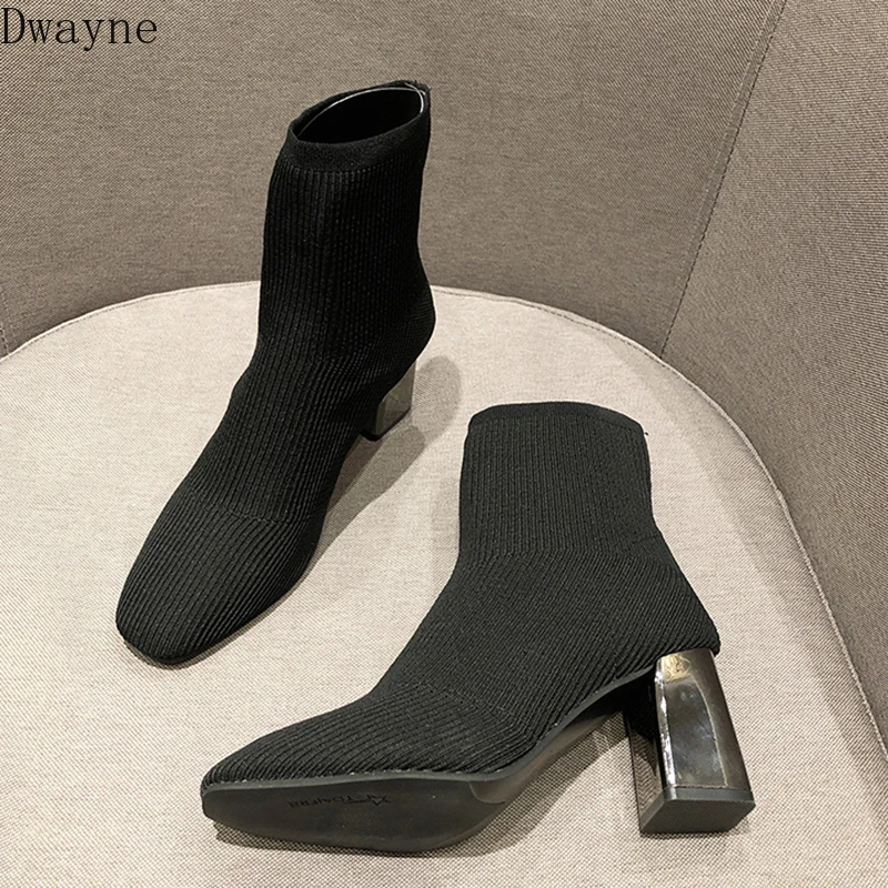 Autumn boots 2019 new thick with high heel women's wild knitted elastic socks women | Обувь