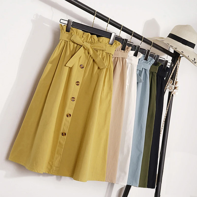 Летние Осенние юбки женские 2019 миди до колена корейские на элегантных кнопках