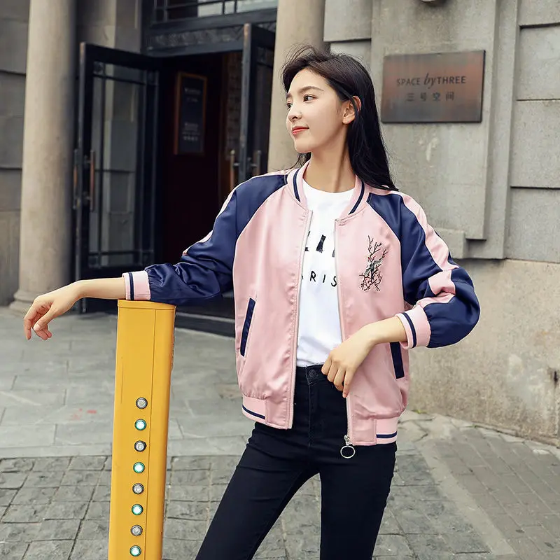 

Jacket For Women Retro Coats Casual Stand Collar Embroidered Patchwork Female Baseball Uniform Jacket Autumn Zipper Warm Outwear