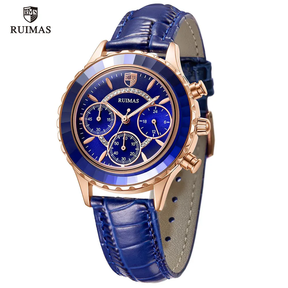 Роскошные Кварцевые часы RUIMAS для женщин синие наручные с кожаным ремешком