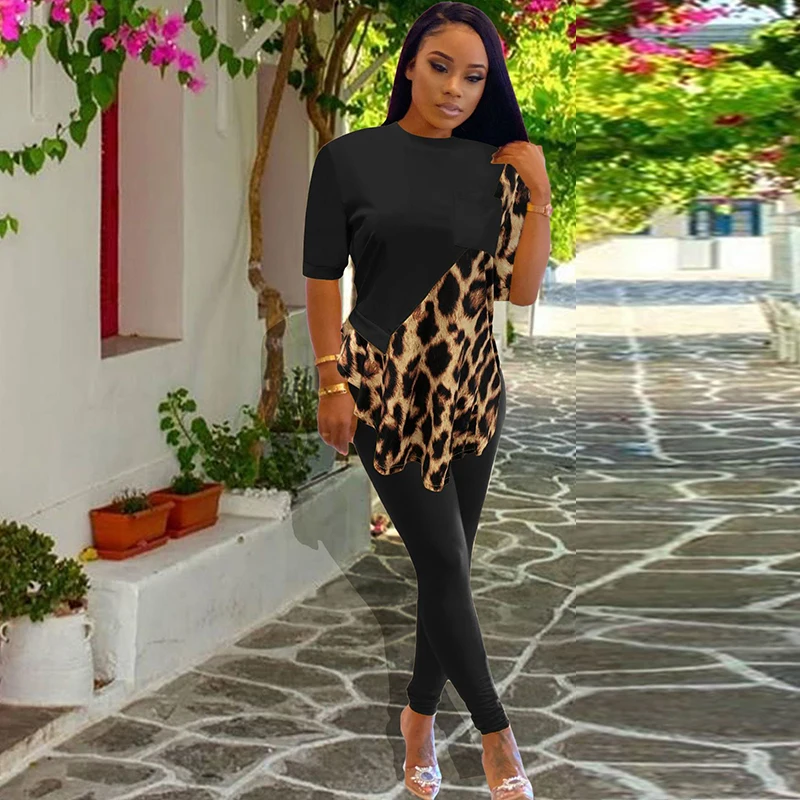 

Leopard Patchwork Two Piece Set Loungewear Top Sweatpants Cute Outfits for Women Clothing Summer Casual Matching Sets