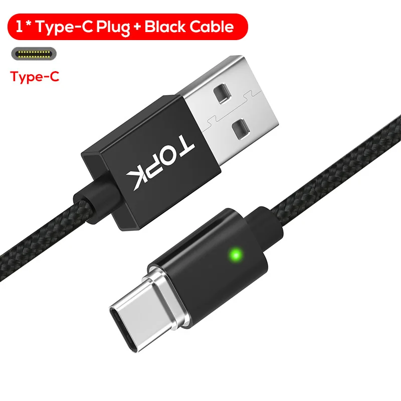 Black Type-C Cable Магнитный кабель Micro USB TOPK F-Line и кабель usb type-C для синхронизации данных, светодиодный кабель с нейлоновой оплеткой и магнитным индикатором для зарядного устройства USB C - Цвет: Black Type-C Cable