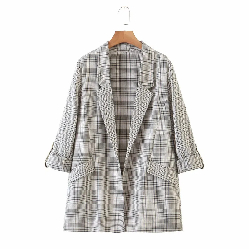 

Evfer Women Casual Plaid Print Loose Autumn Cotton Long Blazer Outwear 2020 New Office Lady Elegant Roll Cuff No Button Blazers