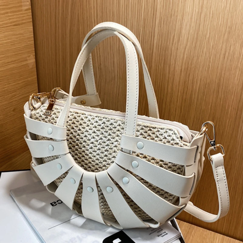 

Straw Semicircle Design Small Tote Bags for Women Summer Beach Woven Shoulder Crossbody Bag Female Travel PU Designer Handbags