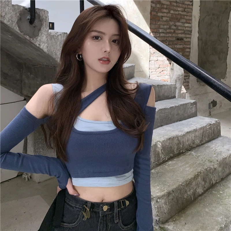 Футболка женская с длинным рукавом пикантный кроп-топ в стиле пэчворк модная