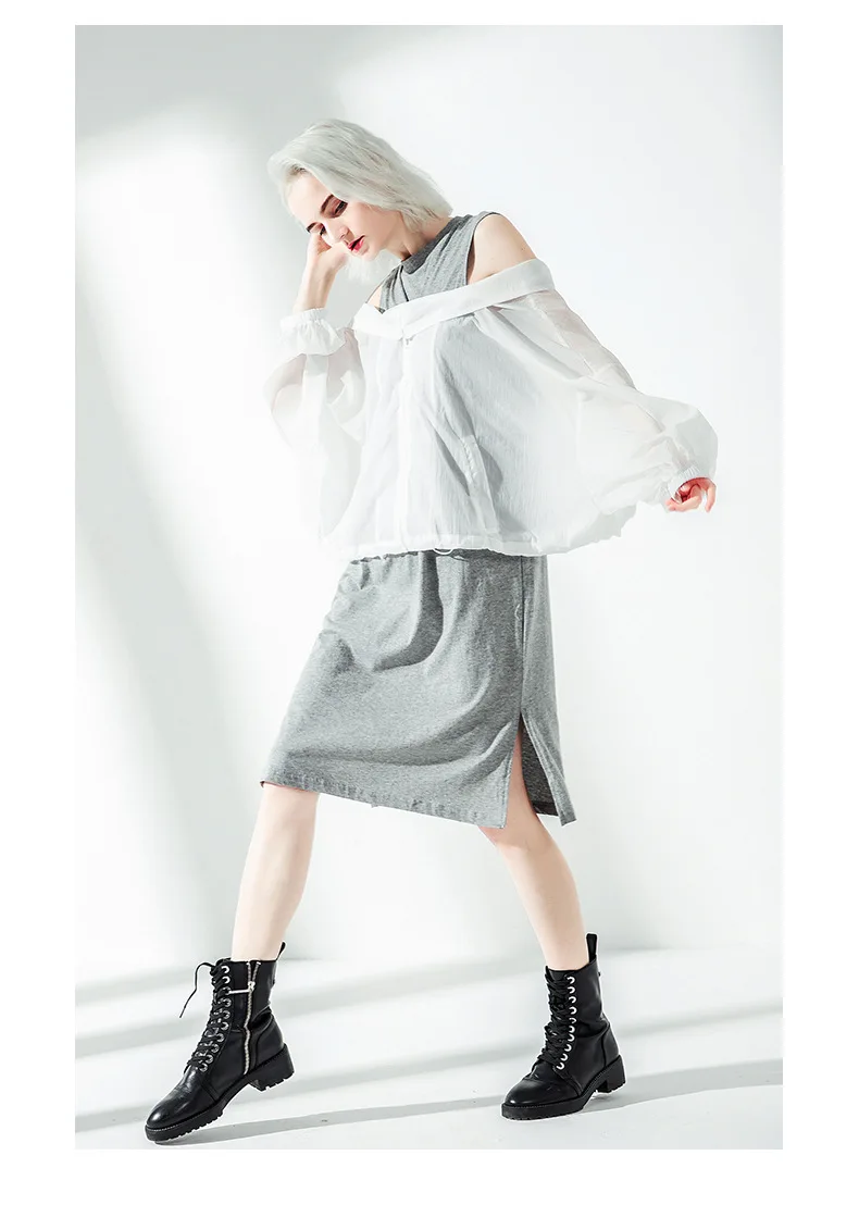

MSXU Women Loose Slit False Two-Piece Patchwork Slim Casual T-shirt Dress