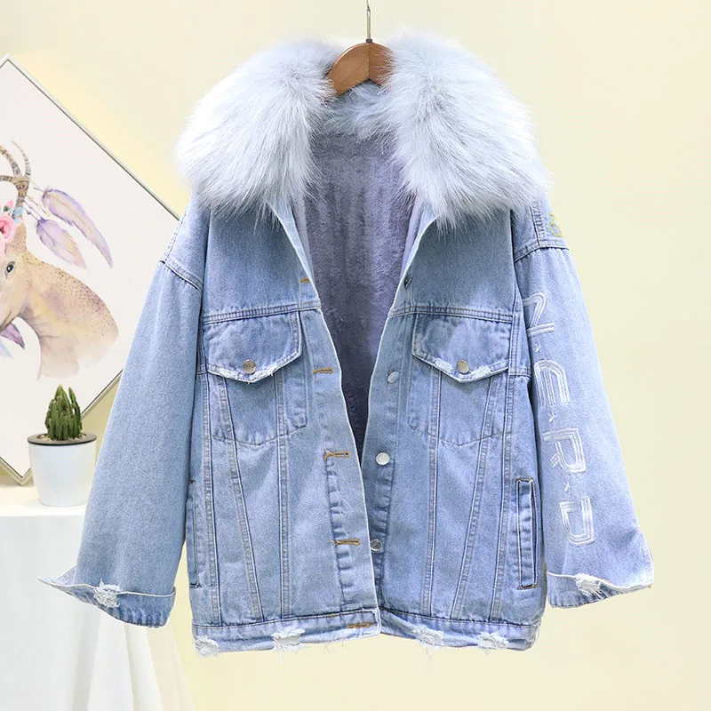 Зимняя джинсовая куртка с вышивкой Женская подкладка из овечьей шерсти + большой