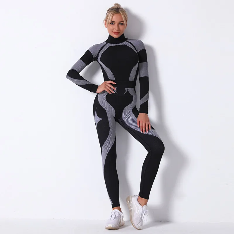 

New 2pcs/set Women Sports Suit Yoga Set Gym Turtleneck Clothes Long Sleeve Fitness Crop Top + Striped Knitted Seamless Leggings