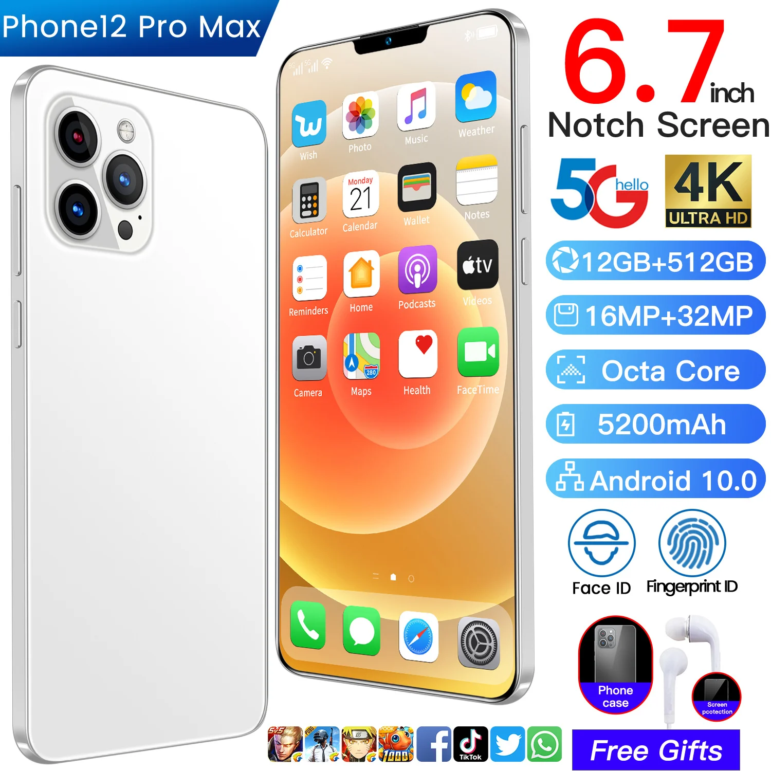 

I12 Pro Max 12G+512G Otca 6.7inch 10 Core 5G 5200mAh 16MP+32MP Battery Face ID Fingerprint ID Android 10 MTK6875 Smartphones