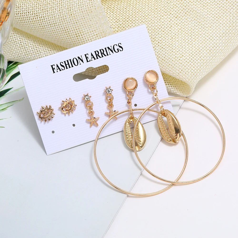 

6PCS/Set Irregular Geometric Earring Set For Women Girl Bohemian Gold Leaf Circle Stud Earrings Fashion Wedding Jewelry 2019 New
