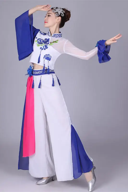 

woman yangge dancing dances clothes dress Traditional Chinese Clothing Women Ancient Yangko folk dance Fan blue Costume Costumes
