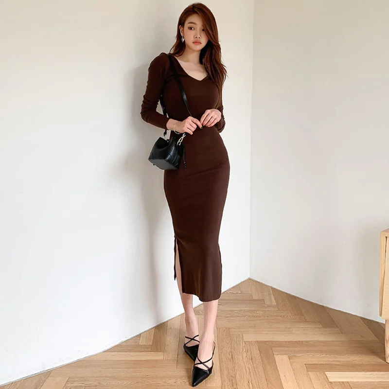 

Женское вязаное платье с V-образным вырезом, Осень-зима