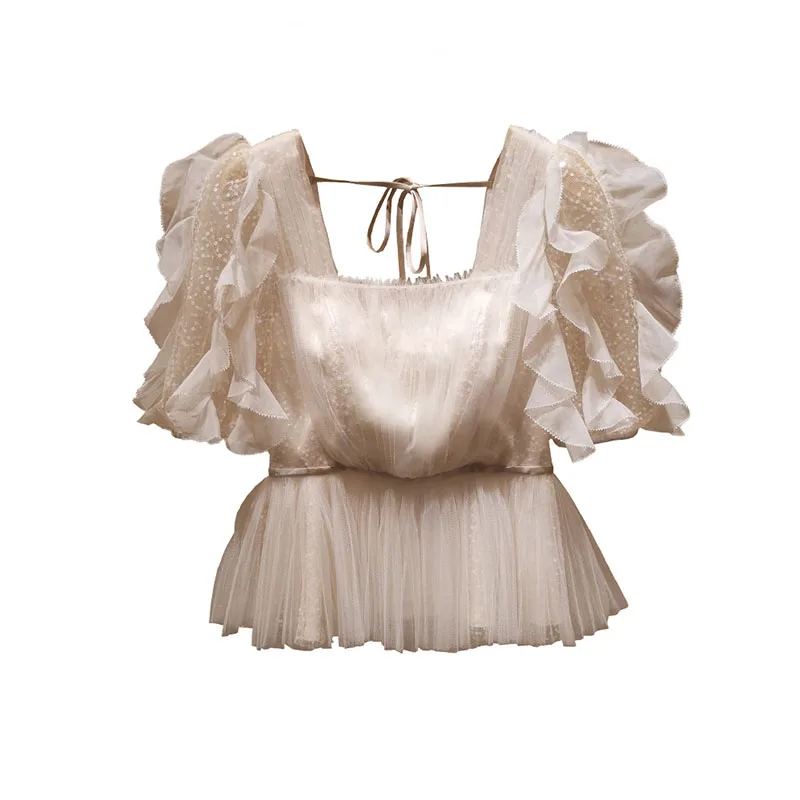 

Fashion Solid Color Ruffles Short Sleeve Shirts for Women Square Neck Petal Sleeve Chiffon Tops Female Summer