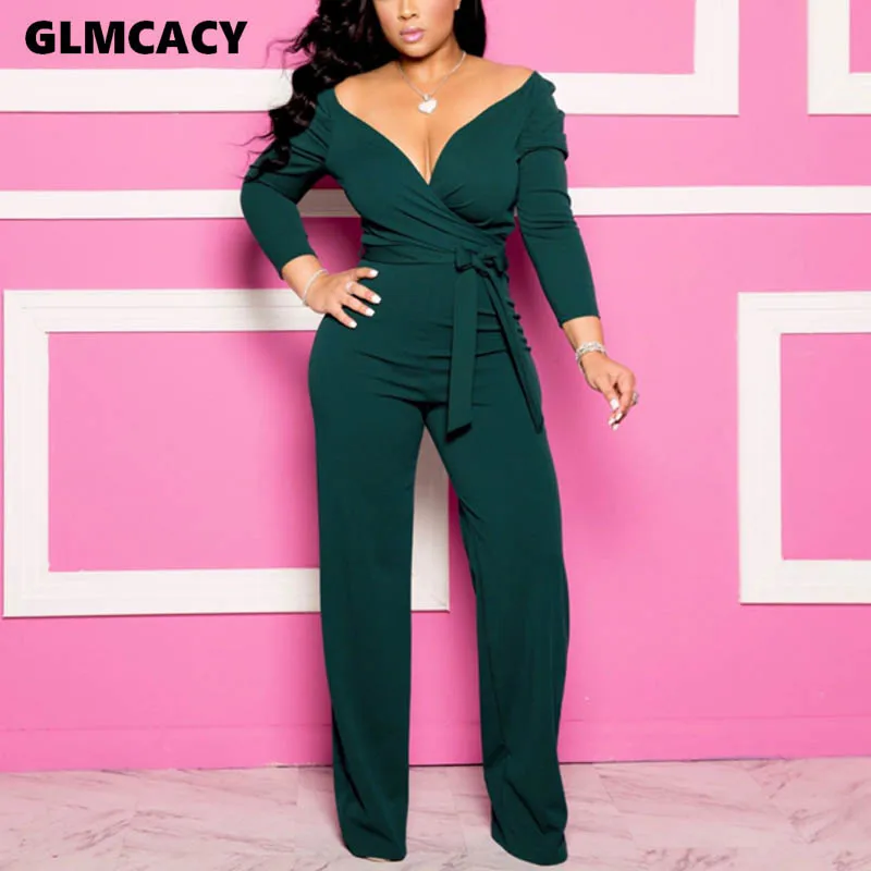 Женский сексуальный комбинезон с глубоким v образным вырезом и поясом длинным