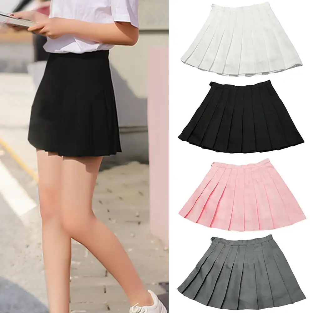 

Fashion Women Summer Solid Color High Waist Pleated A-Line Mini Tennis Skirt