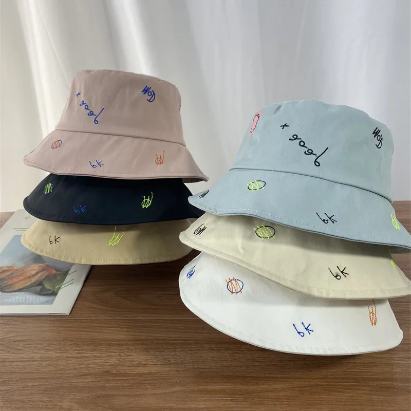 2021 Sweet Spring Summer Wide-Brimmed Women's Fashion Sunshade Flat-Top Fisherman Hat Letter Embroidery Literary Style Basin Hat