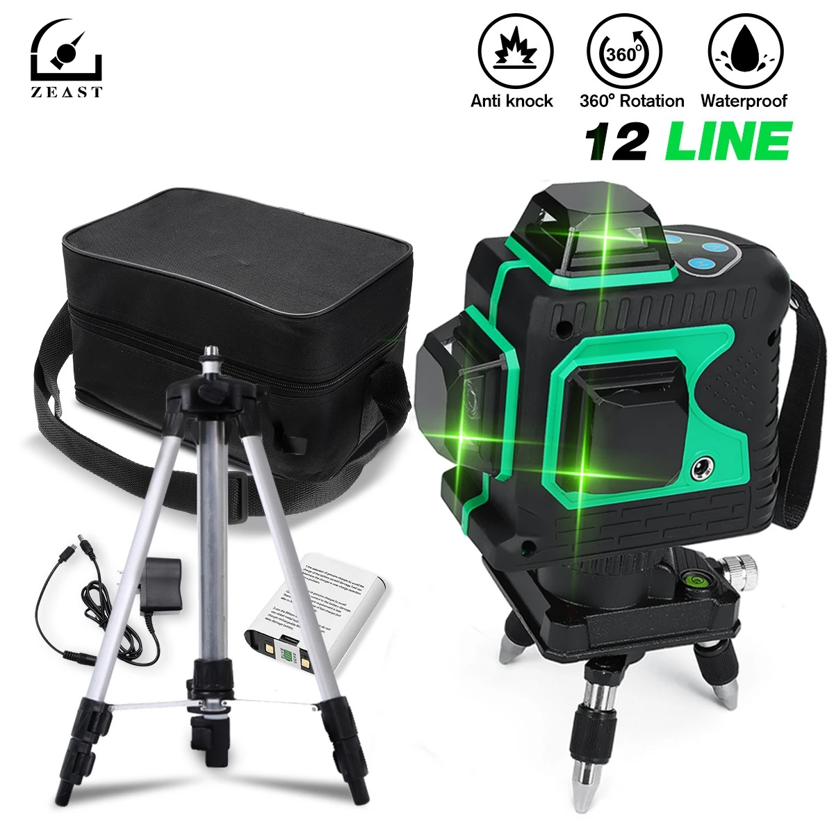 

Laser levels 12 Lines 3D Green Light Horizontal&Vertical Cross 360 Auto Self-Leveling &6000mAh Battery&Tripod&532nm Laser Levels