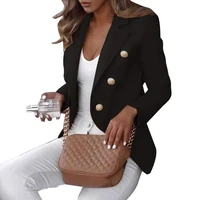 women elegant office lady blazer winter long sleeve slim jacket double breasted casual fit jacketes solid color work coat blazer