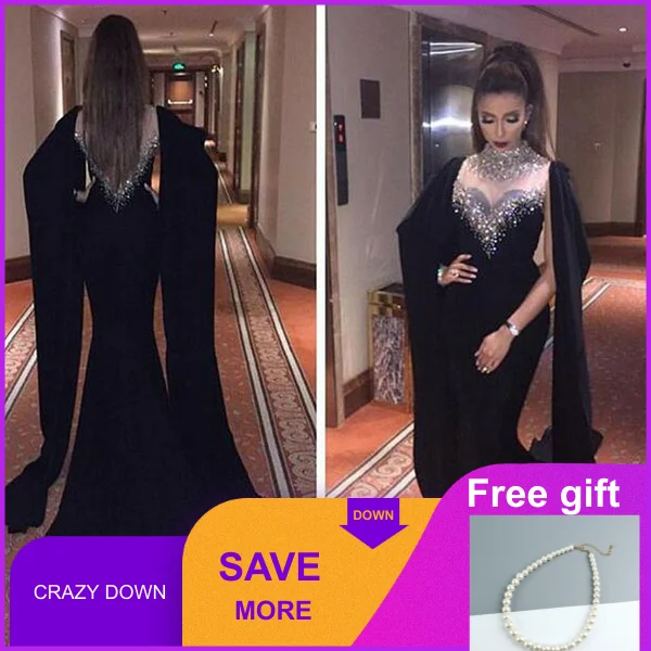

2019 черные женские официальные платья с высокой горловиной и юбкой-годе, Украшенные бусинами и кристаллами, женское официальное платье для в...