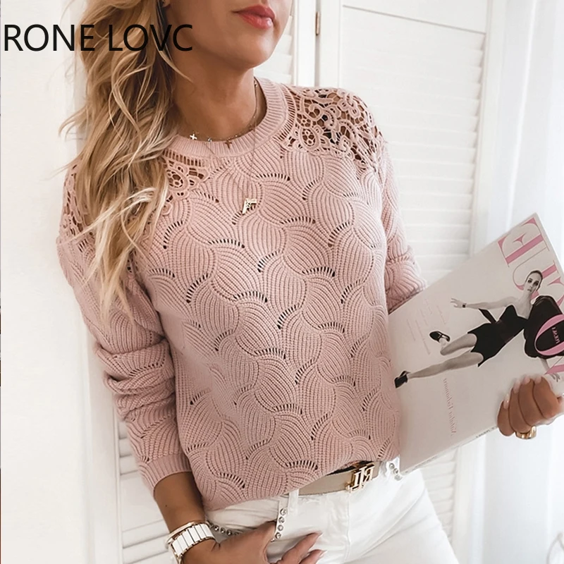 Женский Однотонный свитер с вырезами кружевной длинным рукавом и из гипюра |