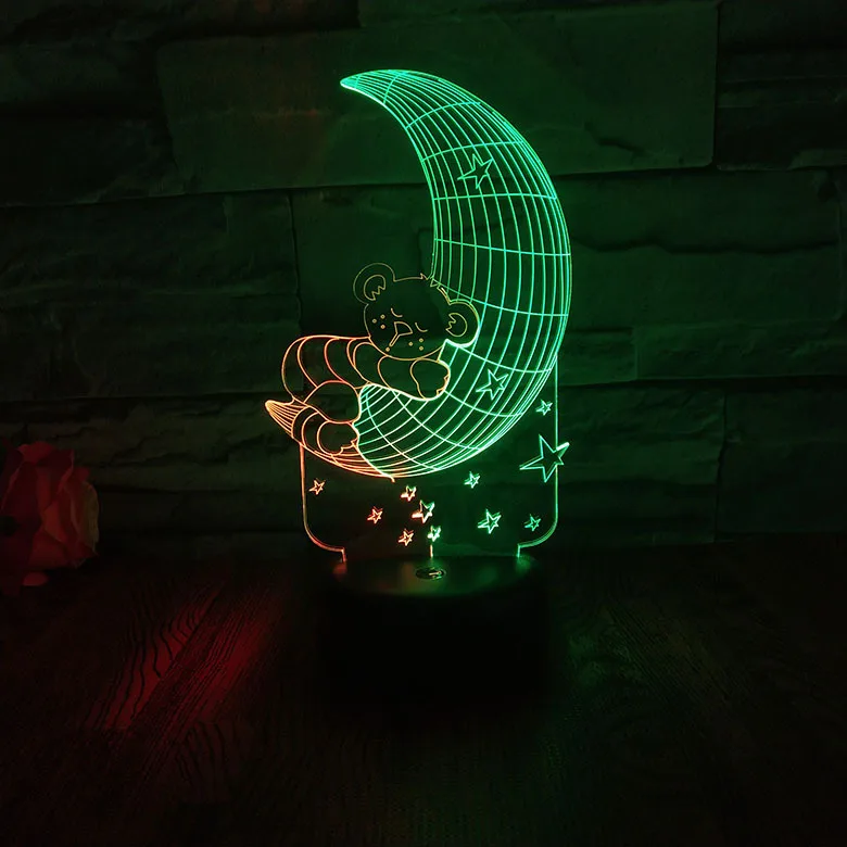 

3D LED Moon Cute Sleeping Bear Night Light 7 Colors Changing Touch Table Lamp for Kids Friends Best Gift Home Bedroom Decor