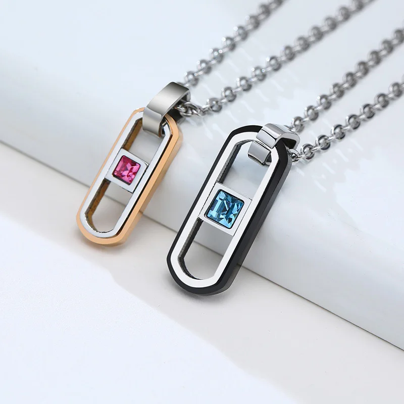 

Unique Geometric Shape Pendants for Couples Necklace, Women Men CZ Stone Love Gift,Stainless Steel Paperclip Pin Collar
