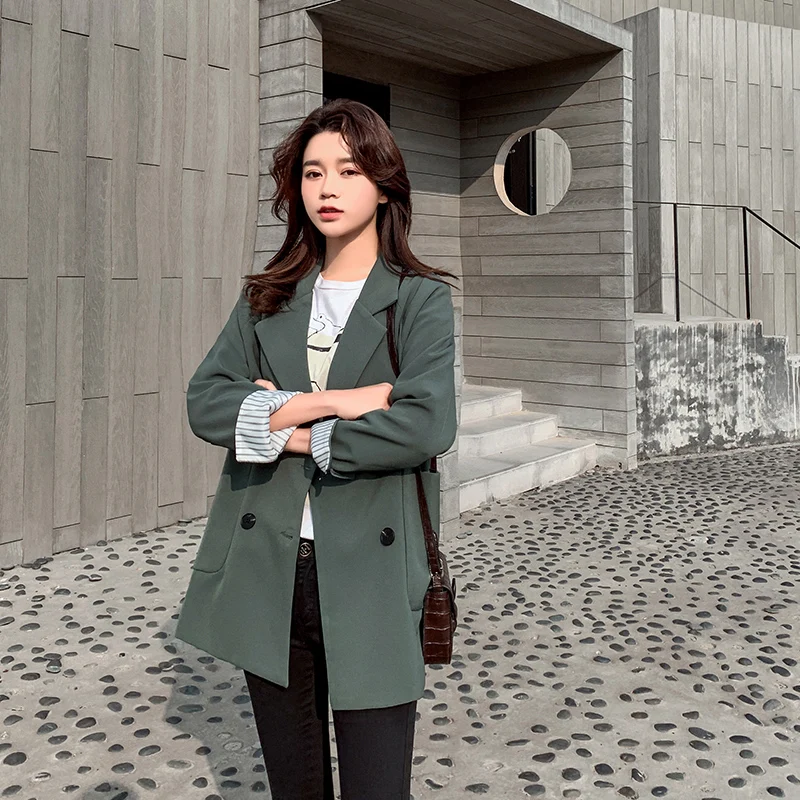

Women's Jacket Spring Autumn Solid Color Long-Sleeved Casual All-Match British Style Big Pocket Ladies Suit Blazer