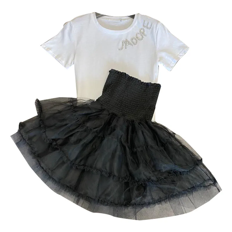 

New nail bead short sleeve T shirt white gauze high waist pressure plait bitter fleabane bitter fleabane skirt outfit