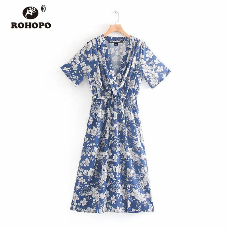 ROHOPO/Белое цветочное синее платье миди с коротким рукавом туника v образным