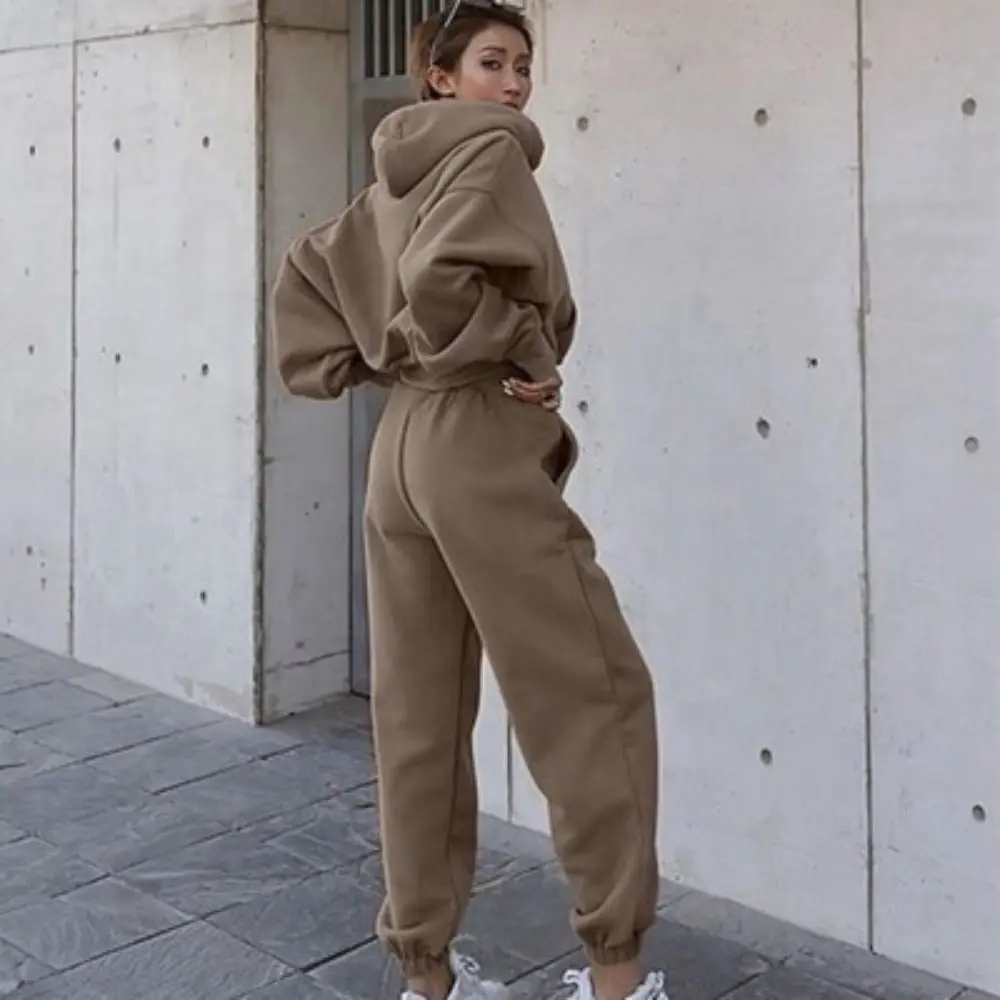 

Women Tracksuit Pullovers Hoodies and Black Pants Autumn Winter Suit Female Solid Color Casual Full Length Trousers Outfits 2021