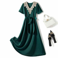 womens summer black dress v neck short sleeve crochet hollow lace up slim elegant party dating holiday office green long skirt