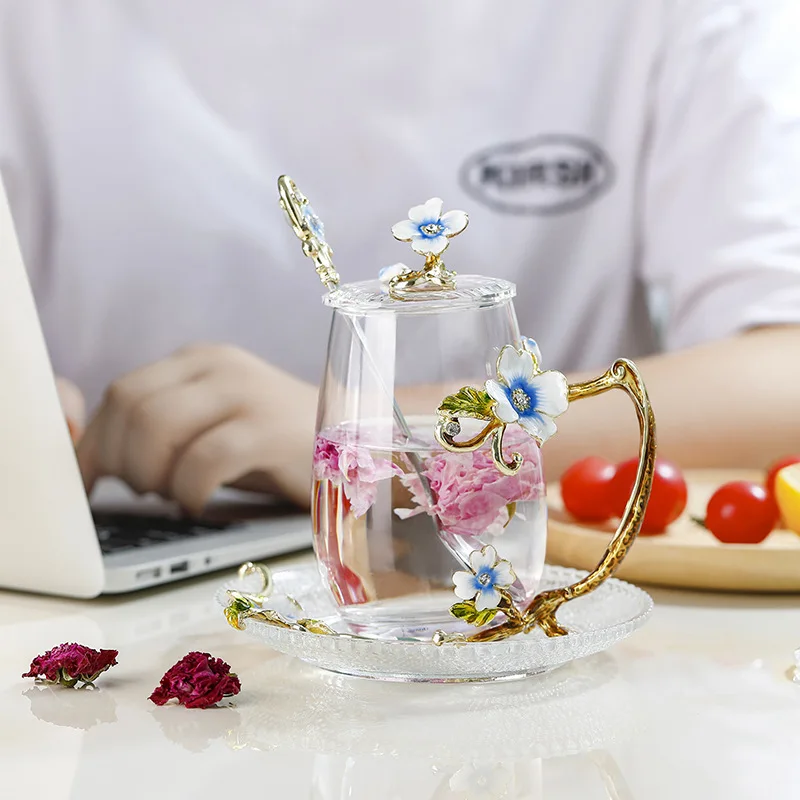 

Enamel Coffee Cup Mug Flower Tea Drinking Glass Cups with Handle for Hot and Cold Drinks with Cap Pad and Wipe Cloth for Gifts