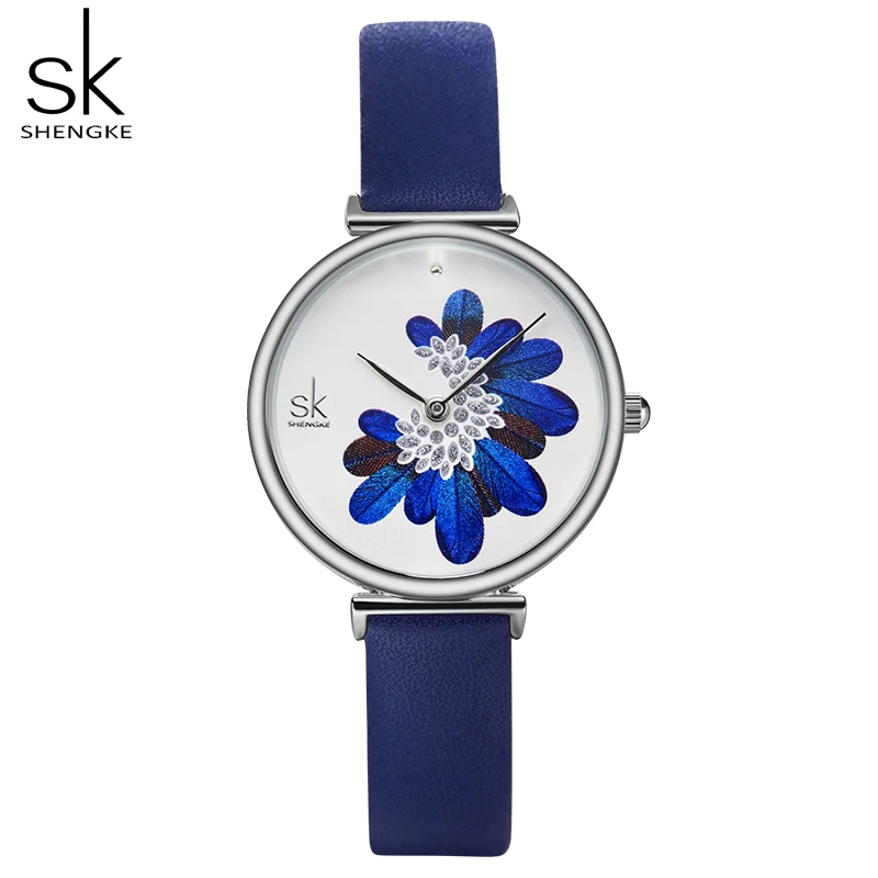 Shengke Fashion Blue Feather Women Watches Top Brand Luxury Leather Strap Wristwatch Elegant Clock Quartz Ladies Watch | Наручные часы